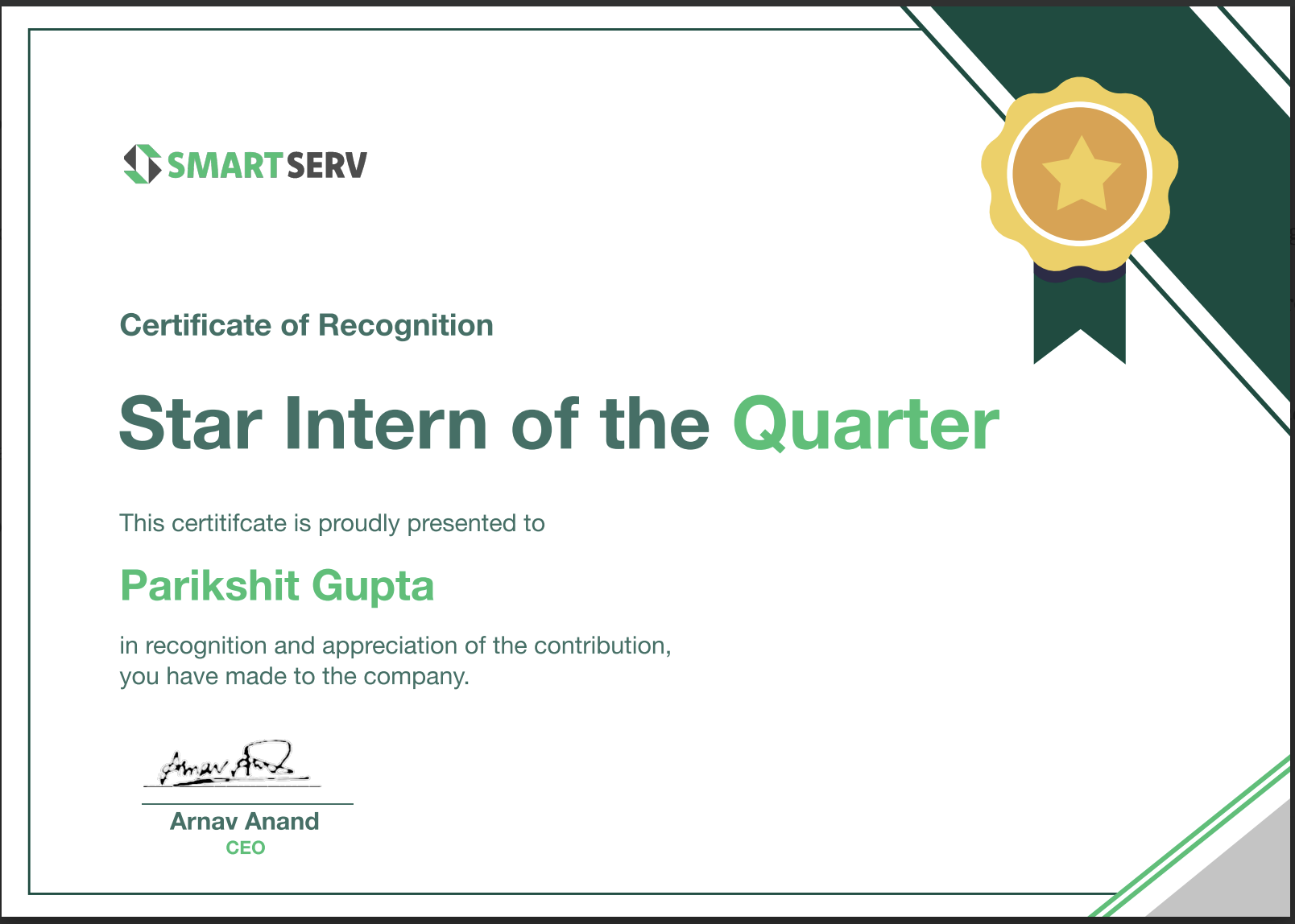 Achiever of the Quarter certificate